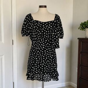 Dress Forum Black Floral Mini Dress Large Puff Sleeve Smocked Babydoll